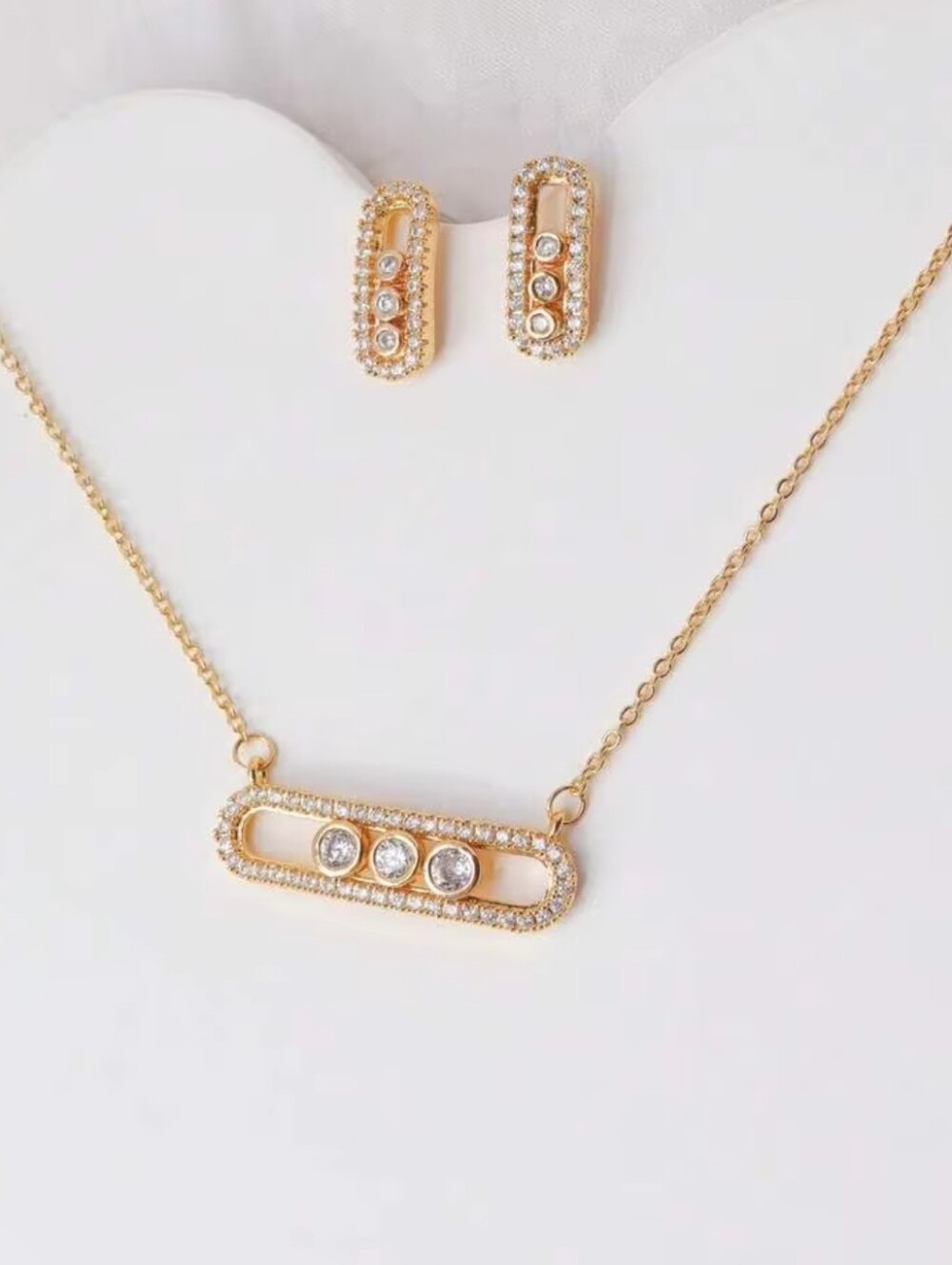 14K Gold Plated Crystal Bar Necklace and Stud Earrings Set